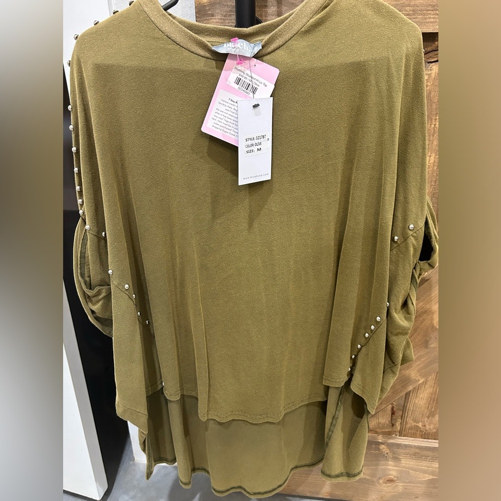 Olive green high low studded top. NWT